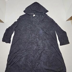 Tropical Escape Black Leaf Hooded Tunic Cover Up • 1X Lightweight V-Neck